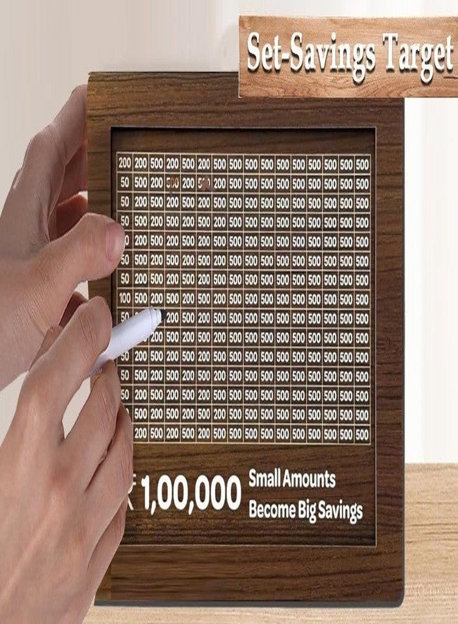 TRIVYOM Cash Vault Wooden Savings Box || Wooden Cash Saver Money Box || Wooden Piggy Bank with Easy Tracking of Savings || 1,00,000 Rupees Money Saving Piggy Bank || Reusable Piggy Bank - Image 5